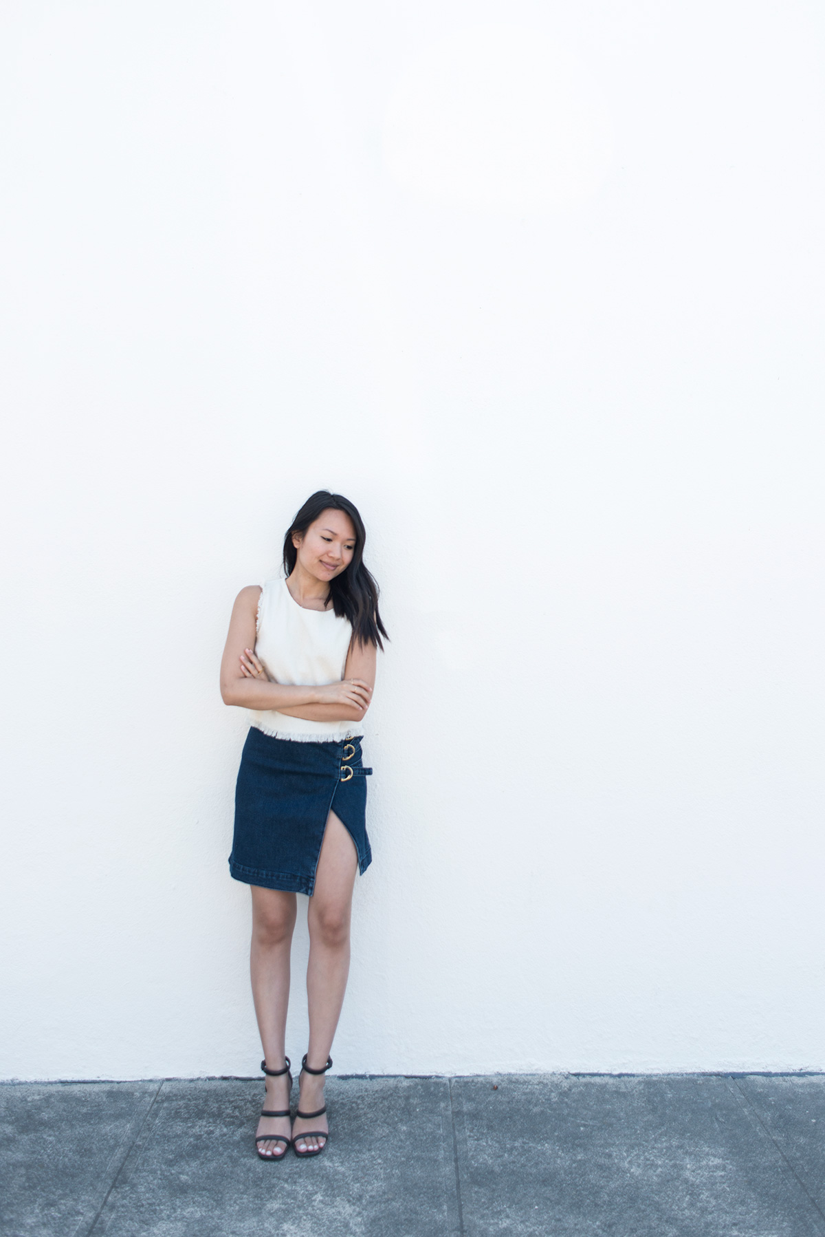 denim mini skirt with buckles