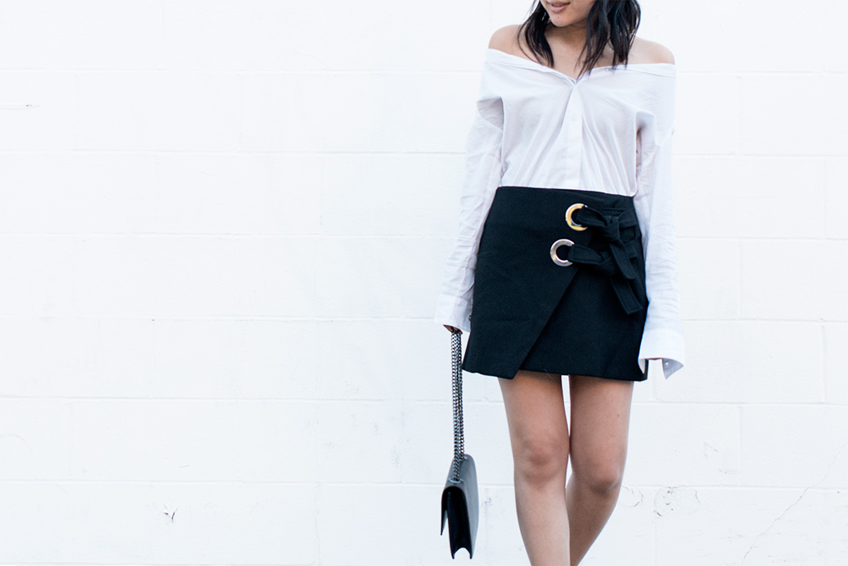 off-the-shoulder button down