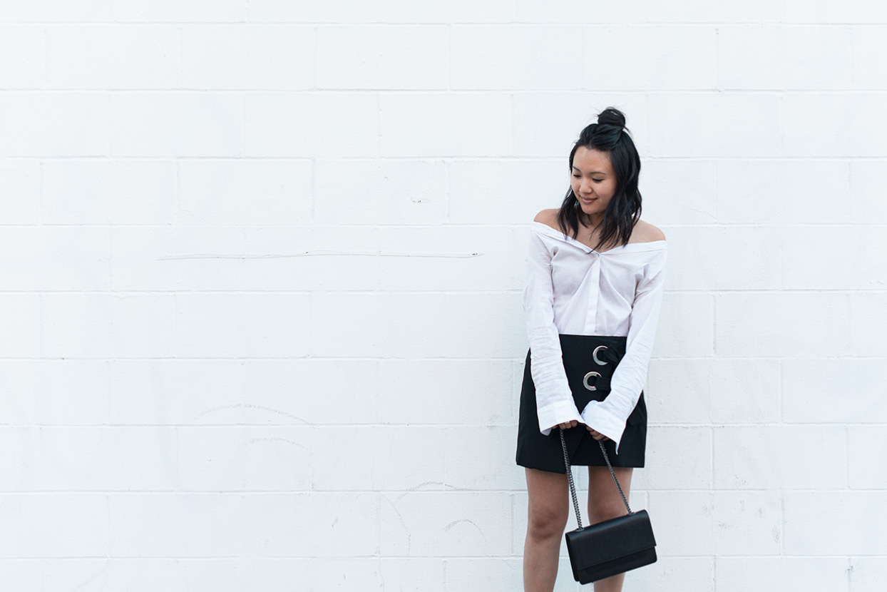 off-the-shoulder button down